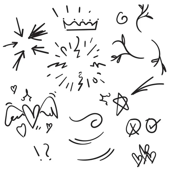 Elementos de conjunto dibujados a mano doodle con línea negra sobre fondo blanco — Vector de stock