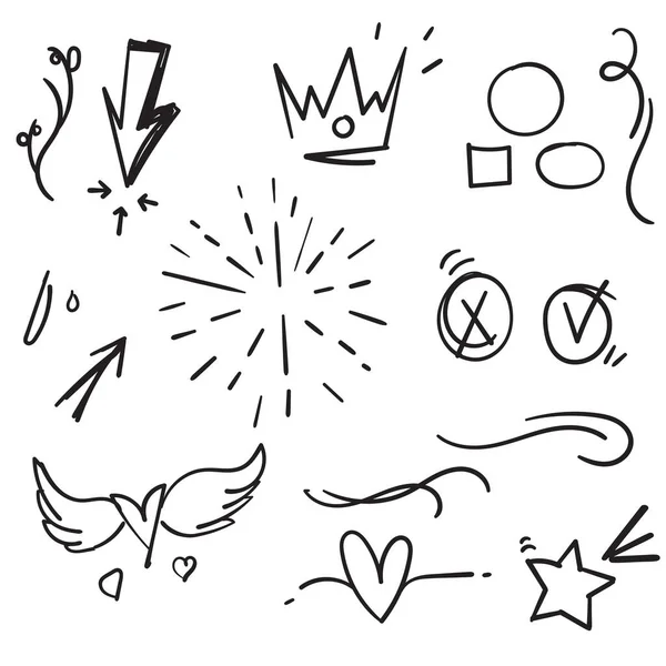Elemente de set trase manual doodle cu linie neagră pe fundal alb — Vector de stoc