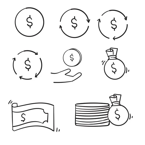 Doodle Ícones de linha de dinheiro conjunto vetor ilustração estilo desenhado à mão —  Vetores de Stock