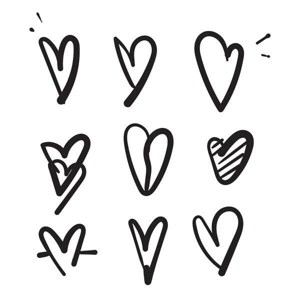 Gribouille dessinée à la main coeur amour icône illustration ensemble — Image vectorielle