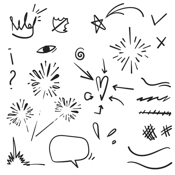 Doodle set elements, negro sobre fondo blanco. Flecha, corazón, amor, estrella, hoja, sol, luz, flor, corona, rey, reina, Swishes, swoops, énfasis, remolino, corazón, para el estilo del concepto design.handdrawn — Vector de stock