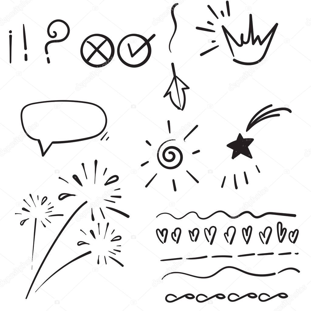 doodle set elements, black on white background. Arrow, heart, love, star, leaf, sun, light, flower, crown, king, queen,Swishes, swoops, emphasis ,swirl, heart, for concept design.handdrawn style