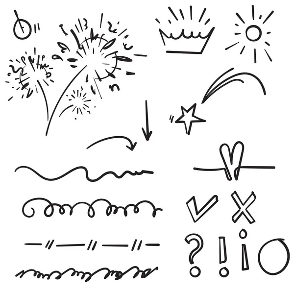 Doodle set elements, negro sobre fondo blanco. Flecha, corazón, amor, estrella, hoja, sol, luz, flor, corona, rey, reina, Swishes, swoops, énfasis, remolino, corazón, para el estilo del concepto design.handdrawn — Vector de stock