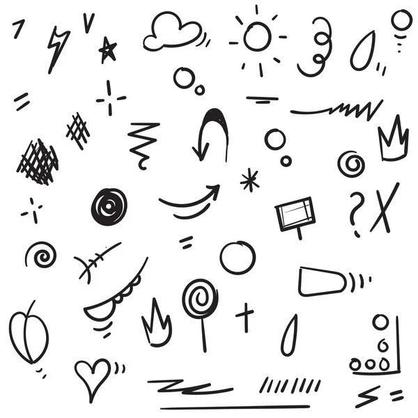 Abstract hand drawn vector symbols set. Hearts, circles, doodles pack with Geometric shapes and marker scribbles, Ink, pencil, brush smears. Spot, cross, arrow, leaf doodle cartoon — 스톡 벡터