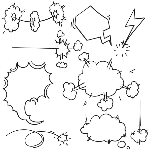 Velocidad mano dibujado nubes de movimiento rápido, explosión de humo o movimientos de nubes de soplo. doodle aire viento tormenta golpe explosión con dibujo de dibujos animados estilo vector — Vector de stock