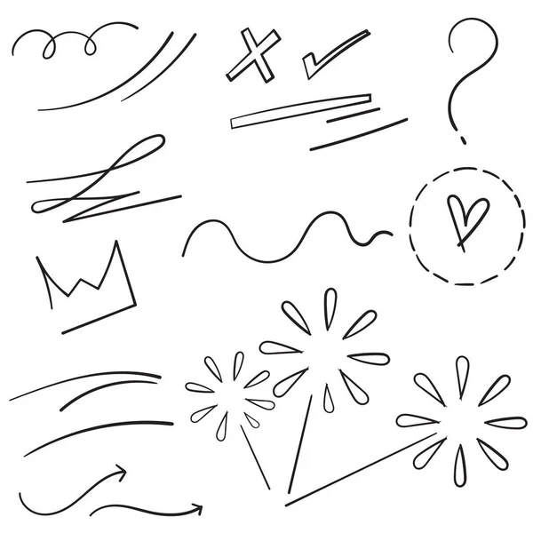 Συλλογή στοιχείων σχεδιασμού. σγουρά swishes, swoops, swirl, βέλος, καρδιά, αγάπη, στέμμα, λουλούδι, αστέρι, πυροτέχνημα, τονίζουν το κείμενο και το στοιχείο έμφασης με το χέρι doodle στυλ. χρήση για σχεδιασμό εννοιών — Διανυσματικό Αρχείο