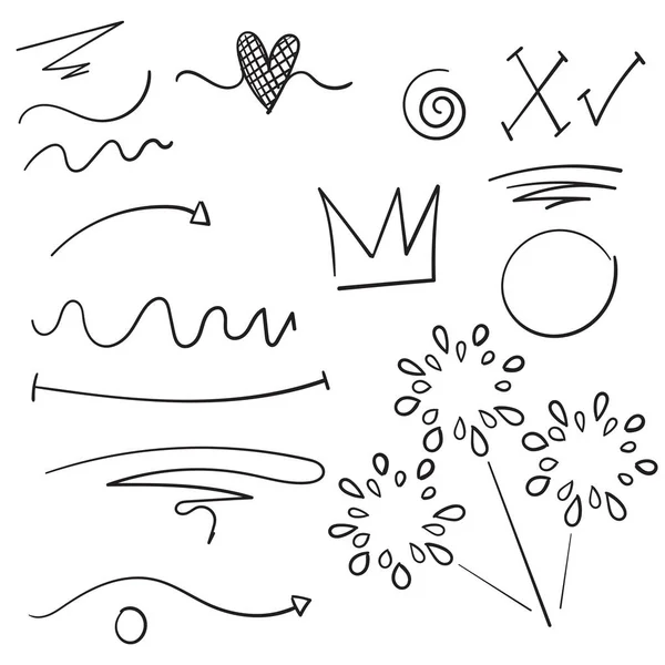 Coleção de elemento de design. ondulado swishes, swoops, redemoinho, seta, coração, amor, coroa, flor, estrela, fogos de artifício, destacar texto e elemento de ênfase com estilo doodle desenhado à mão. Utilização para concepção de conceitos — Vetor de Stock