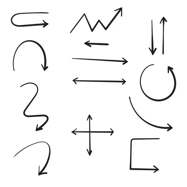 Vektorové ručně kreslené šipky nastavené na bílém pozadí s kresleným stylem kreslené čáry vektor — Stockový vektor