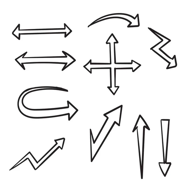 Flèches dessinées à la main vectorielles sur un fond blanc avec vecteur d'art en ligne de style dessin animé doodle — Image vectorielle