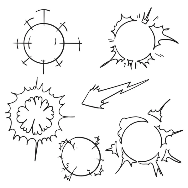 Explosión de energía de garabato. Dibujos animados llama humo nube, velocidad golpeó efecto vfx y promo flash explosión vector ilustración conjunto — Vector de stock