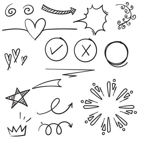 白い背景に黒のドアセットの要素。矢印、ハート、愛、星、葉、太陽、光、花、デイジー、クラウン、王、女王、願い、スワップ、強調、渦、ハートラインアートスタイル — ストックベクタ