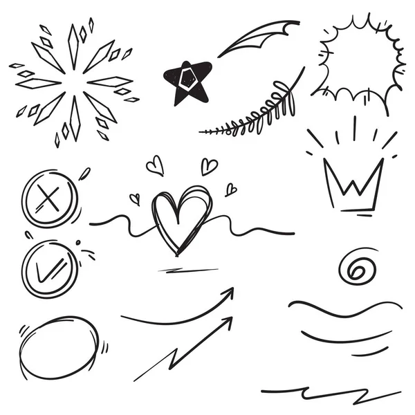 Elementy zestawu doodle czarny na białym tle. Strzałka, serce, miłość, gwiazda, liść, słońce, światło, kwiat, stokrotka, korona, król, królowa, Swishes, swoops, podkreślenie, wirować, heart.line styl sztuki — Wektor stockowy