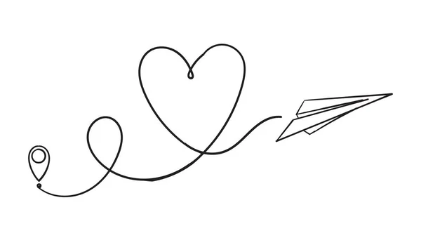 J'adore la route des avions. Voyage romantique, trace de ligne de coeur et routes aériennes. Cœur trajectoire de l'avion, vol air trace amour Saint-Valentin dessin avec doodle main dessiné vecteur de style — Image vectorielle