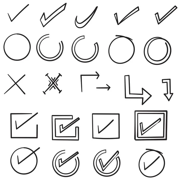 Handgezeichnete Kontrollschilder. Doodle v Markierung für Listenelemente, Checkbox Kreide Symbole und Skizzen Häkchen. Vektor-Checkliste markiert Icon-Set mit Zeilenkunst-Cartoon-Stil — Stockvektor