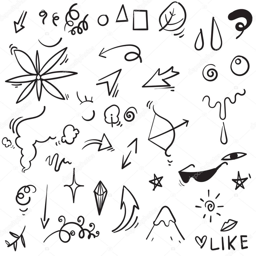 Abstract arrows, ribbons and other elements in hand drawn style for concept design with Doodle illustration handdrawn style