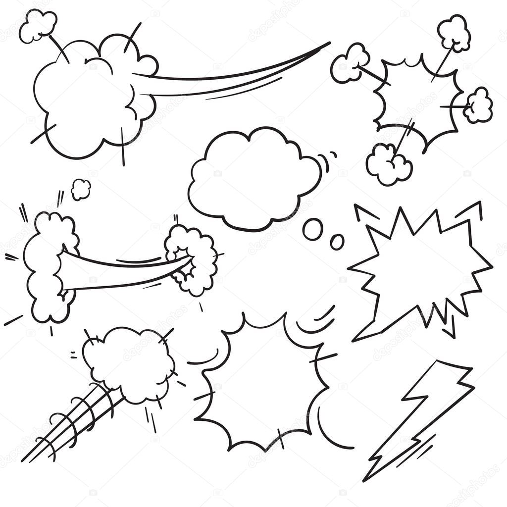 Speed hand drawn fast motion clouds, smoke blast or puff cloud motions. doodle air wind storm blow explosion with cartoon drawing style vector