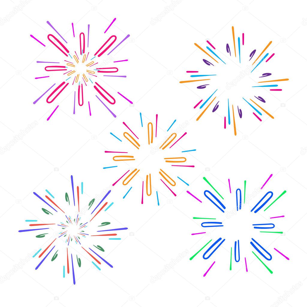 Festive fireworks. Celebration party firework, festival firecracker, holiday feast celebrated colorful sky fire explosion stars, birthday or Xmas celebrating isolated vector background with doodle