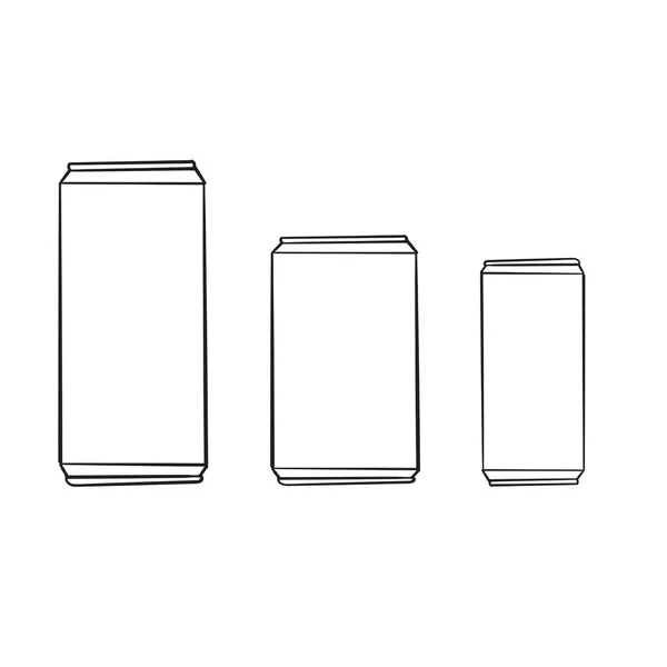 Hand drawn aluminum cans. Blank line art can drink beer soda water juice packaging empty mock up doodle container vector template — 스톡 벡터