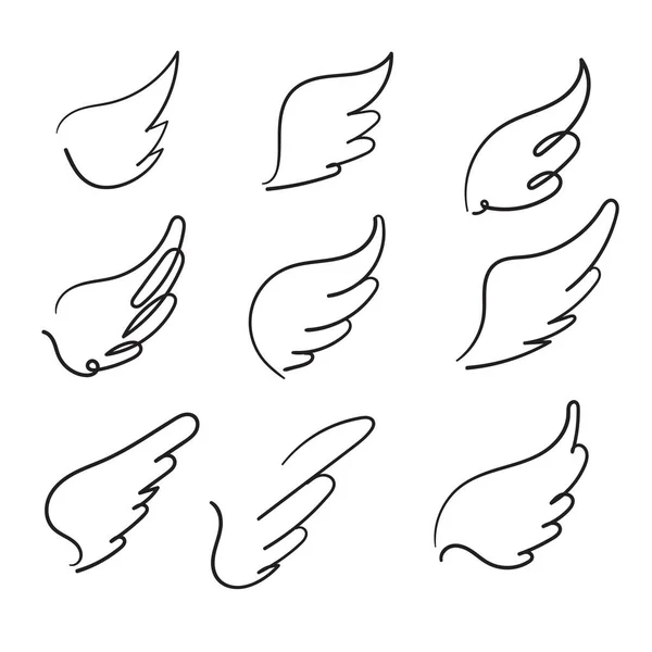 Sketch melek kanatları koleksiyonu. Melek tüyü kanat, kuş dövmesi silueti. Doğrusal kanatlı melekler, uçan cennet, çizilmiş karalama vektör simgeleri izole edilmiş.
