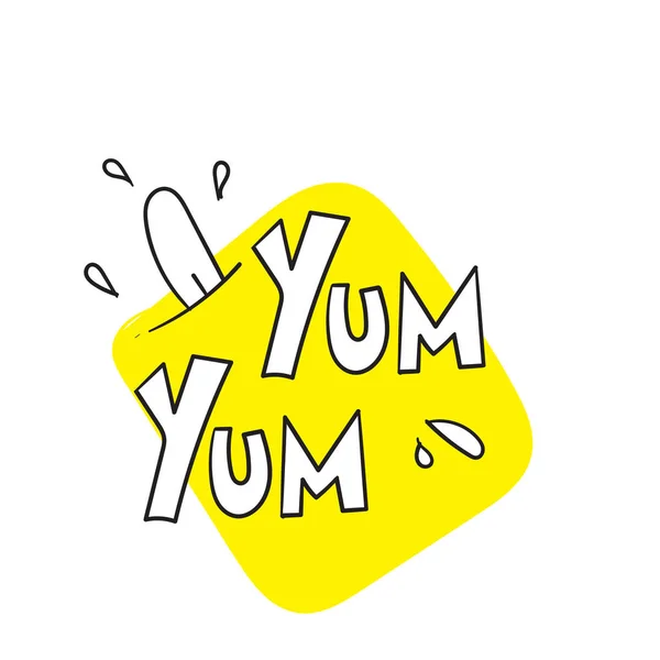 Yum Yum κείμενο Σχεδιασμός doodle για εκτύπωση. Εικονογράφηση διάνυσμα. με το χέρι κινουμένων σχεδίων που καλλιγραφία στυλ. απομονωμένο σε λευκό — Διανυσματικό Αρχείο