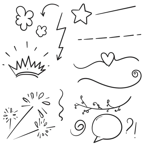 Elementos doodle desenhados à mão preto sobre fundo branco. Seta, coração, amor, estrela, folha, sol, luz, flor, margarida, coroa, rei, rainha, Swishes, swoops, ênfase, redemoinho, coração, para o conceito design.vector —  Vetores de Stock