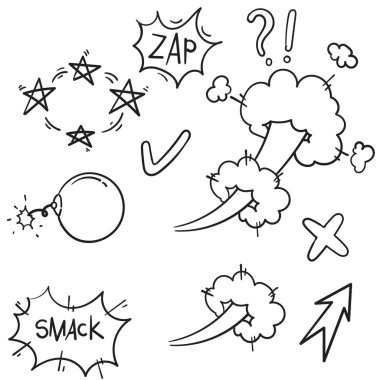 Beyaz arkaplanda el çizimi tarzıyla izole edilmiş karikatür elemanları kümesi