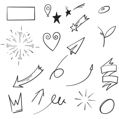 konsept tasarım için karikatür çizilmiş elementler. Karalama özeti beyaz arkaplana izole edildi. vektör illüstrasyonu.