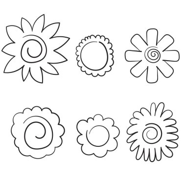 Elle çizilmiş şirin, yuvarlak çiçek koleksiyonu. Aşk kartı sembolü. Büyüyen konsept. Düz dizayn. İzole edilmiş. Vektör illüstrasyonu