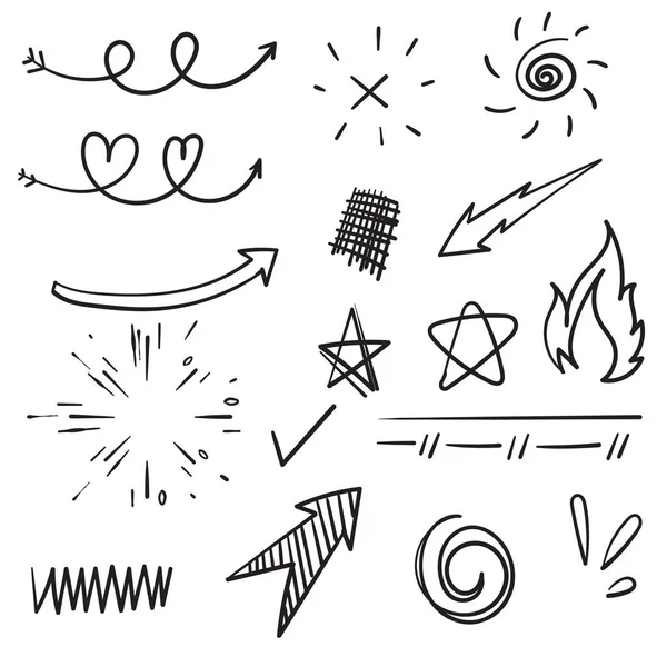白地に黒のドッドルセット矢印、ハート、愛、星、葉、太陽、光、チェックマーク、願い、スワップ、強調、渦、ハート漫画のスタイル — ストックベクタ