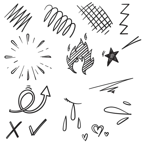 Doodle set elements, preto sobre fundo branco. Seta, coração, amor, estrela, folha, sol, luz, marcas de seleção, Swishes, swoops, ênfase, redemoinho, estilo de desenho animado do coração — Vetor de Stock