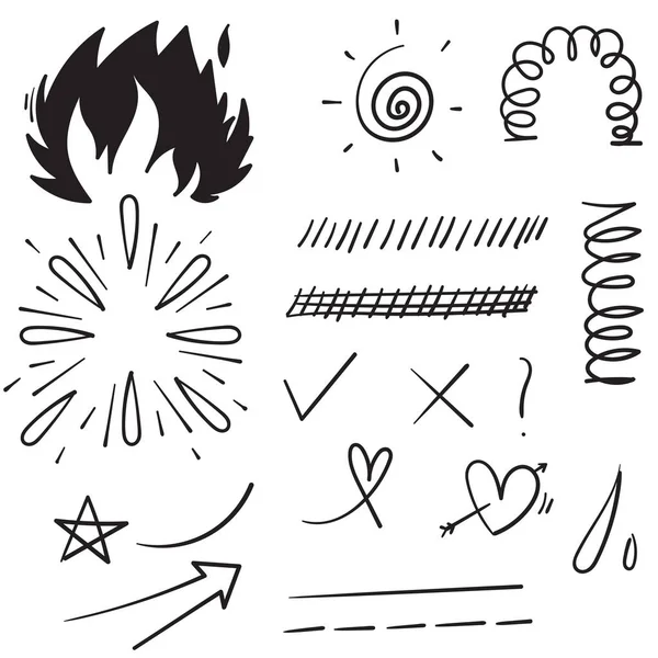 Doodle Set Elemente, schwarz auf weißem Hintergrund. Pfeil, Herz, Liebe, Stern, Blatt, Sonne, Licht, Häkchen, swishes, swoops, Betonung, Wirbel, heart cartoon style — Stockvektor