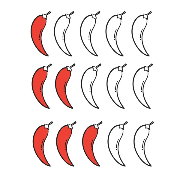Met de hand getekend Pittige chili peperniveau. kruidig voedsel milde en extra hete saus, chili peper rode omtrek pictogrammen vector geïsoleerde achtergrond — Stockvector