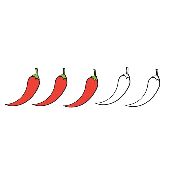 Picante picante a mano nivel de chile. comida picante salsa suave y extra picante, chile rojo contorno iconos vector aislado fondo — Vector de stock