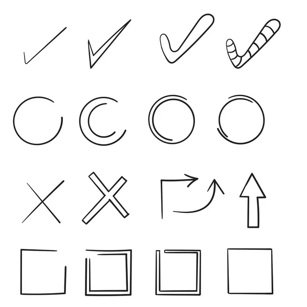 Doodle Signes de vérification dessinés à la main. Doodle v marque pour les éléments de la liste, case à cocher craie icônes et croquis cocher. Liste de contrôle vectorielle marque icône ensemble — Image vectorielle