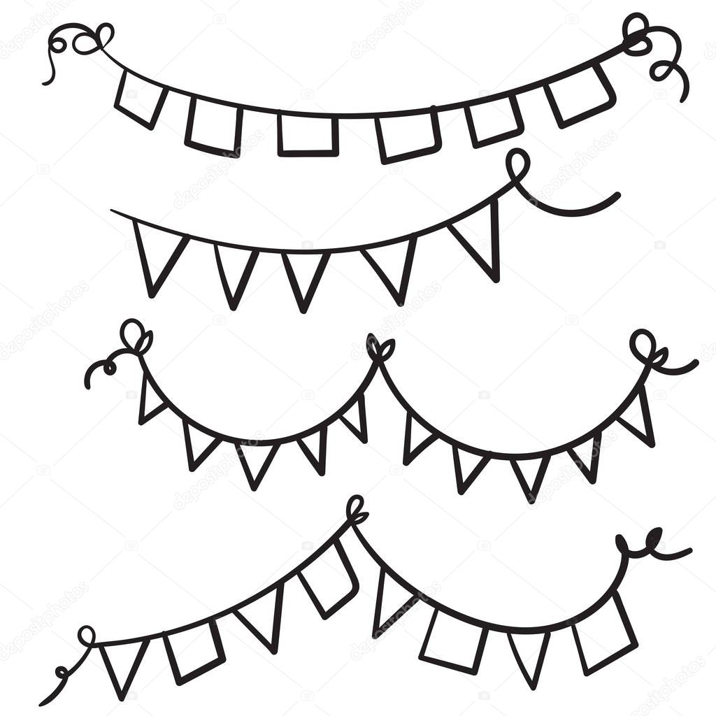 line drawing. Buntings garland. Party flags.hand drawn doodle cartoon style