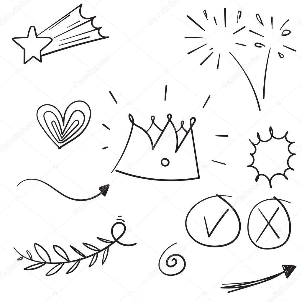 collection of Hand drawn elements, black on white background. Arrow, heart, love, star, leaf, sun, light, flower, daisy, crown, king, queen,Swishes, swoops, emphasis ,swirl, heart, for concept design.