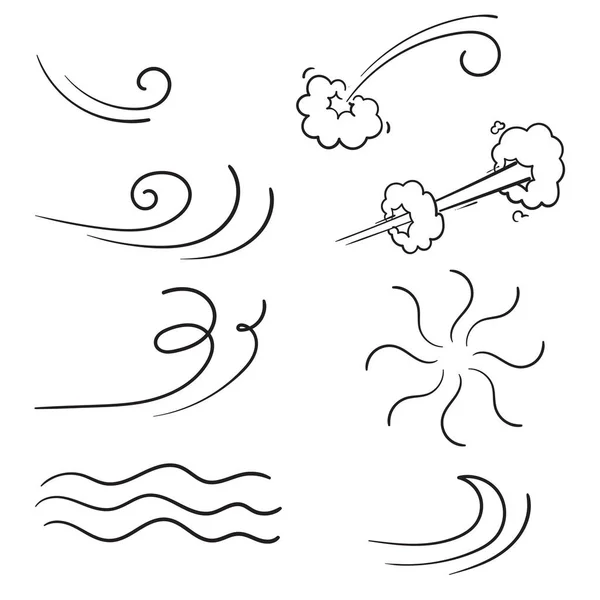 Handgezeichnet Wind mit schwarzen dünnen Linie Icon Doodle Sammlung gehören Sturm, Welle, Fließen und Wirbel. Vektorillustration — Stockvektor