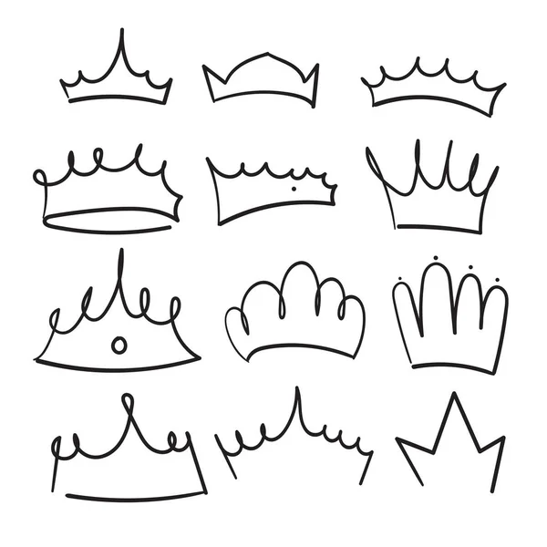 Mão desenhada ícone grafite logotipo da coroa com elementos pretos isolados no fundo branco. Ilustração vetorial . — Vetor de Stock