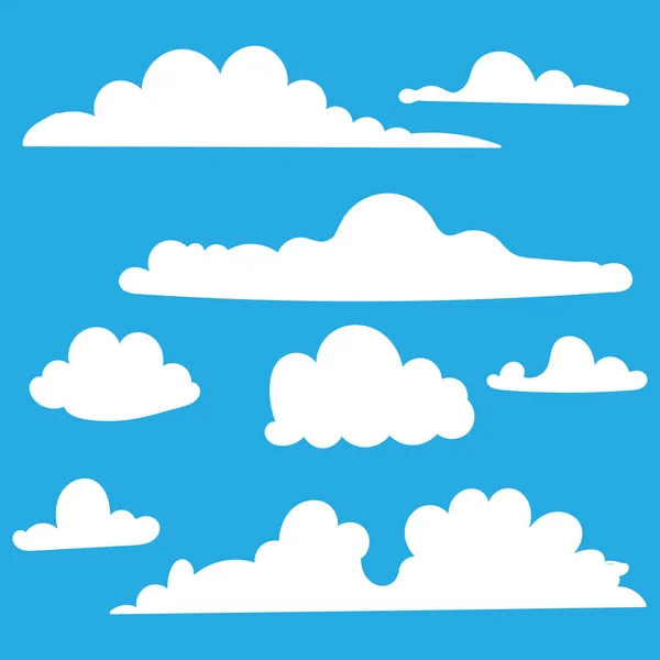 El yapımı Bulut koleksiyonu. Mavi arkaplanda soyut beyaz bulutlu küme izole edildi. Vektör çizimi. Karalama — Stok Vektör