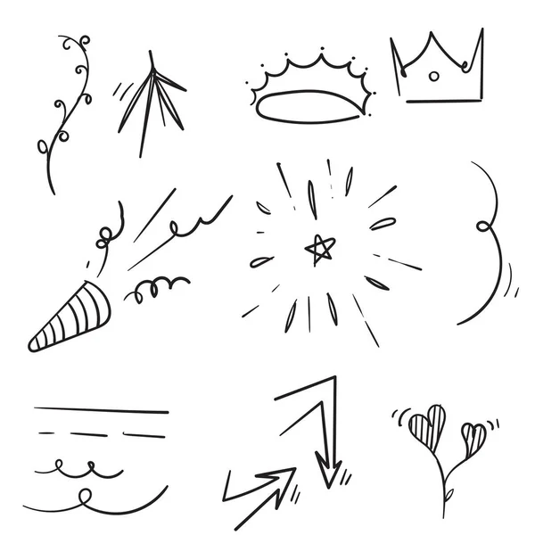 Colección de garabatos de flecha rizada. swishes, swoops, swirl, heart, love, crown, firework, highlight text and emphasis element isolated background — Vector de stock