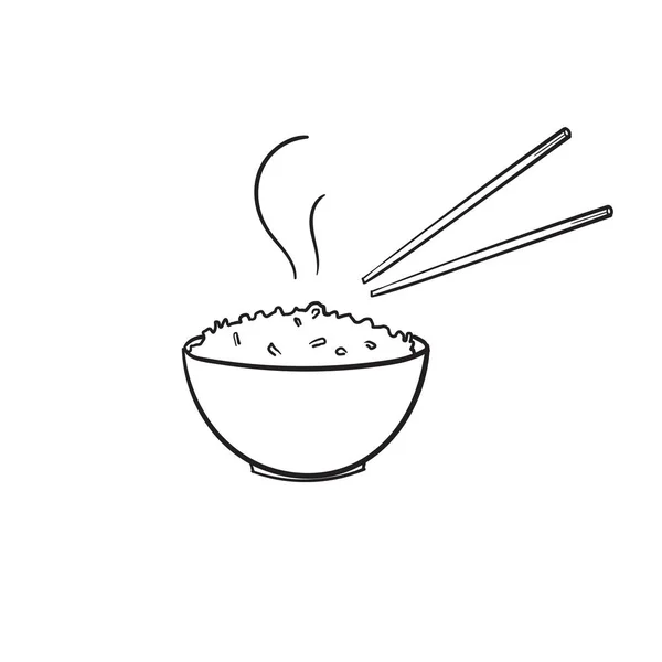 Riz dessiné à la main dans un bol avec baguette pour restaurant dans le vecteur de style doodle — Image vectorielle