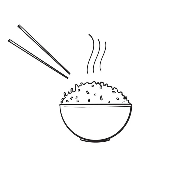 Lokanta için yemek çubuğu olan bir kasede karalama stili vektörlü pilav çizdim. — Stok Vektör