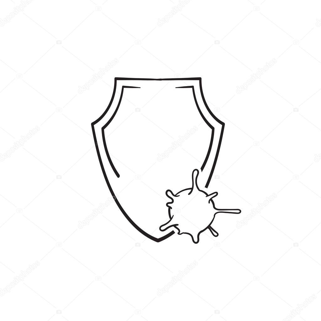 hand drawn virus and shield icon isolated on white