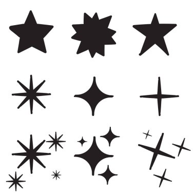 Doodle Star ikonları. Parlayan yıldızlar. Parıltı, parıltı. Noel vektörü sembolleri izole edilmiş el çizimi biçimi