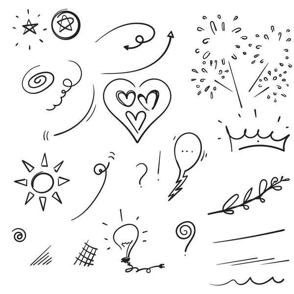 Ensemble Éléments Doodle Flèche Coeur Amour Bulle Parole Étoile Feuille — Image vectorielle