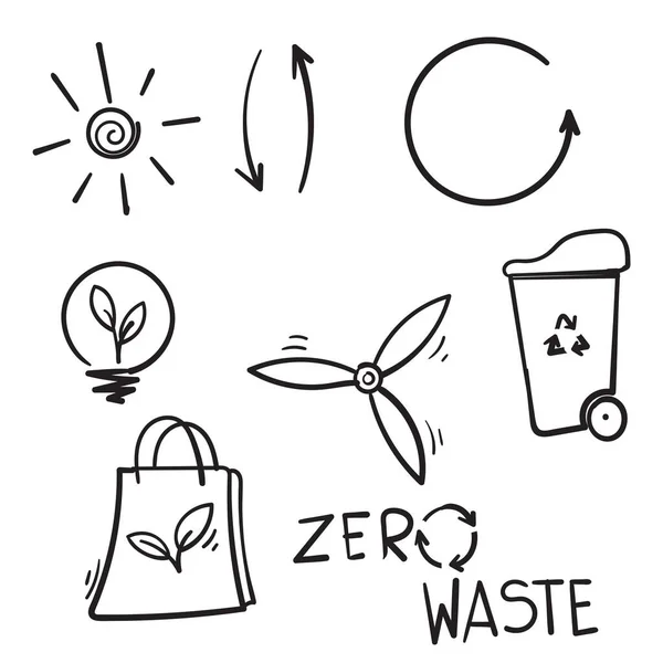 Kolekcja Ręcznie Rysowane Zero Odpadów Ikona Symbol Ilustracji Doodle — Wektor stockowy