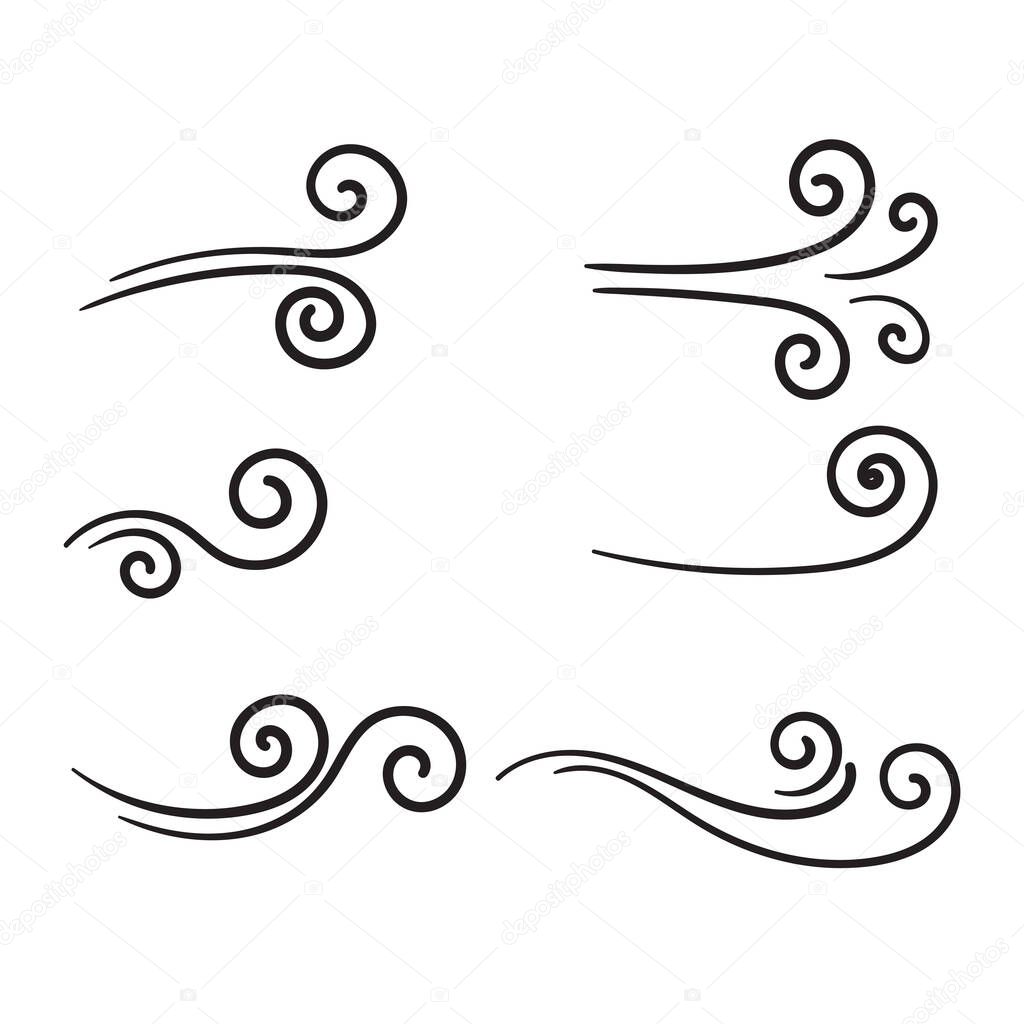 Hand drawn wind doodle blow, gust design isolated on white background