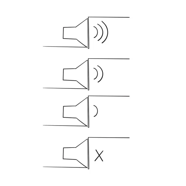 音を増減させる手描きのアイコン ミュートが表示されます ドードルスタイルで異なる信号レベルのサウンドアイコンのセット — ストックベクタ