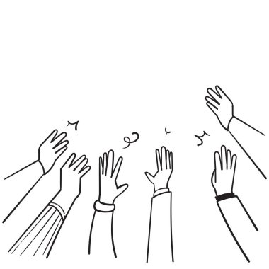 El çizimi insanlar alkış kaldırıyor. Gönüllü oy vermek ve tezahürat yapmak için alkışlıyorlar. Doodle vektör tasarımı.