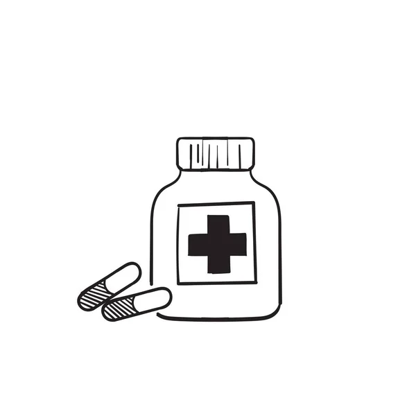 Tangan Digambar Botol Obat Dan Pil Ikon Hitam Dan Putih - Stok Vektor